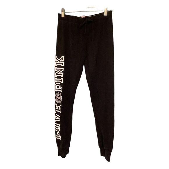 Y2K Pink Victoria's Secret Joggers Heather Black Skinny Fold Over Waist Band S - Picture 1 of 7